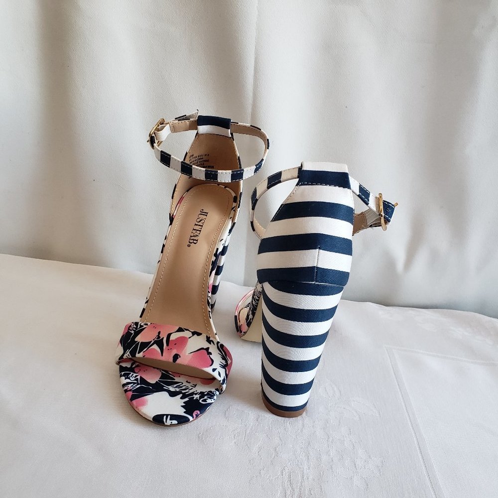 Size 7 JustFab Lena 4" Block heal sandal. Stripes and Floral.  Ankle strap. - Picture 7 of 12